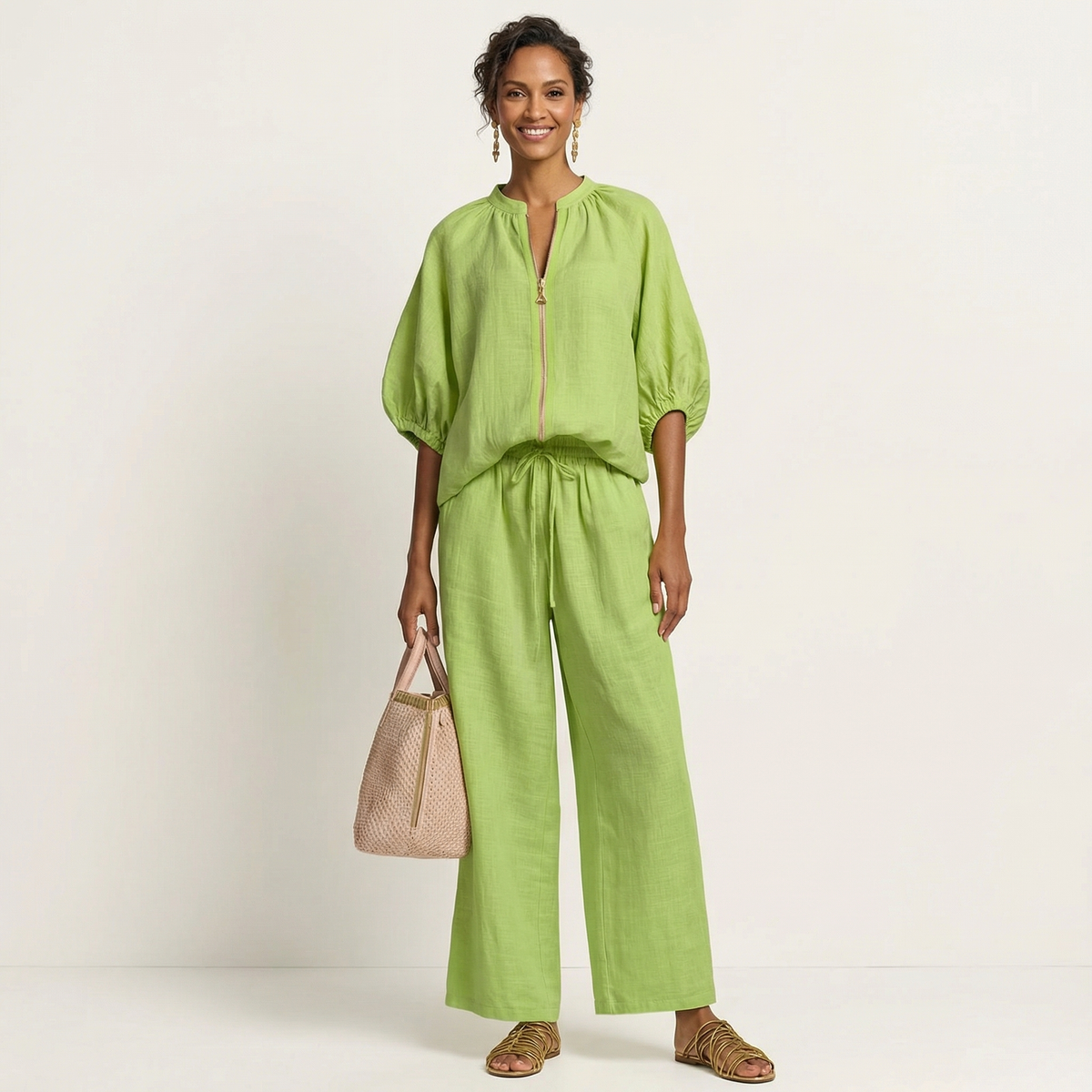 Zip Front Puff Sleeve Top and Wide Leg Pants Two Piece Set 3