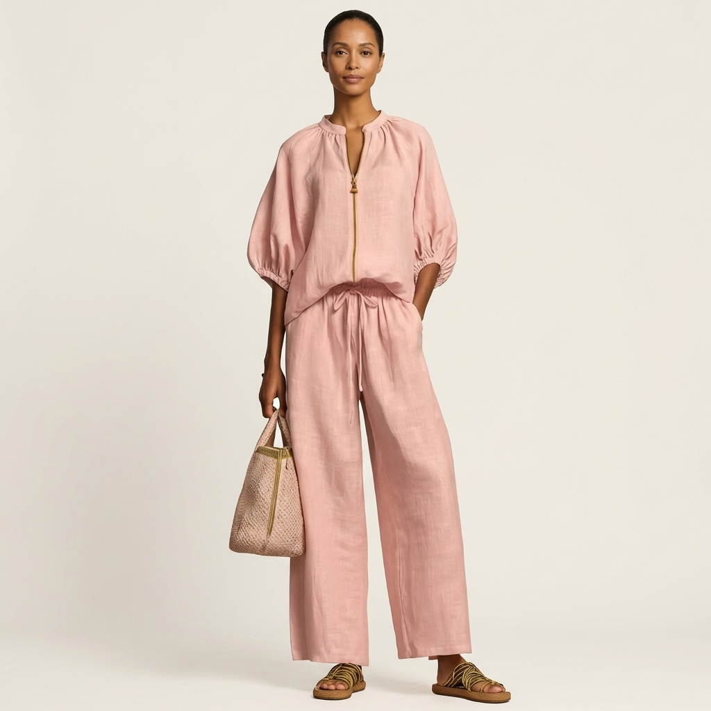 Zip Front Puff Sleeve Top and Wide Leg Pants Two Piece Set