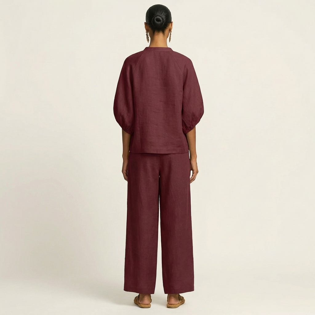 Puff Sleeve Zip Front Top and Wide Leg Pants Two Piece Set 12