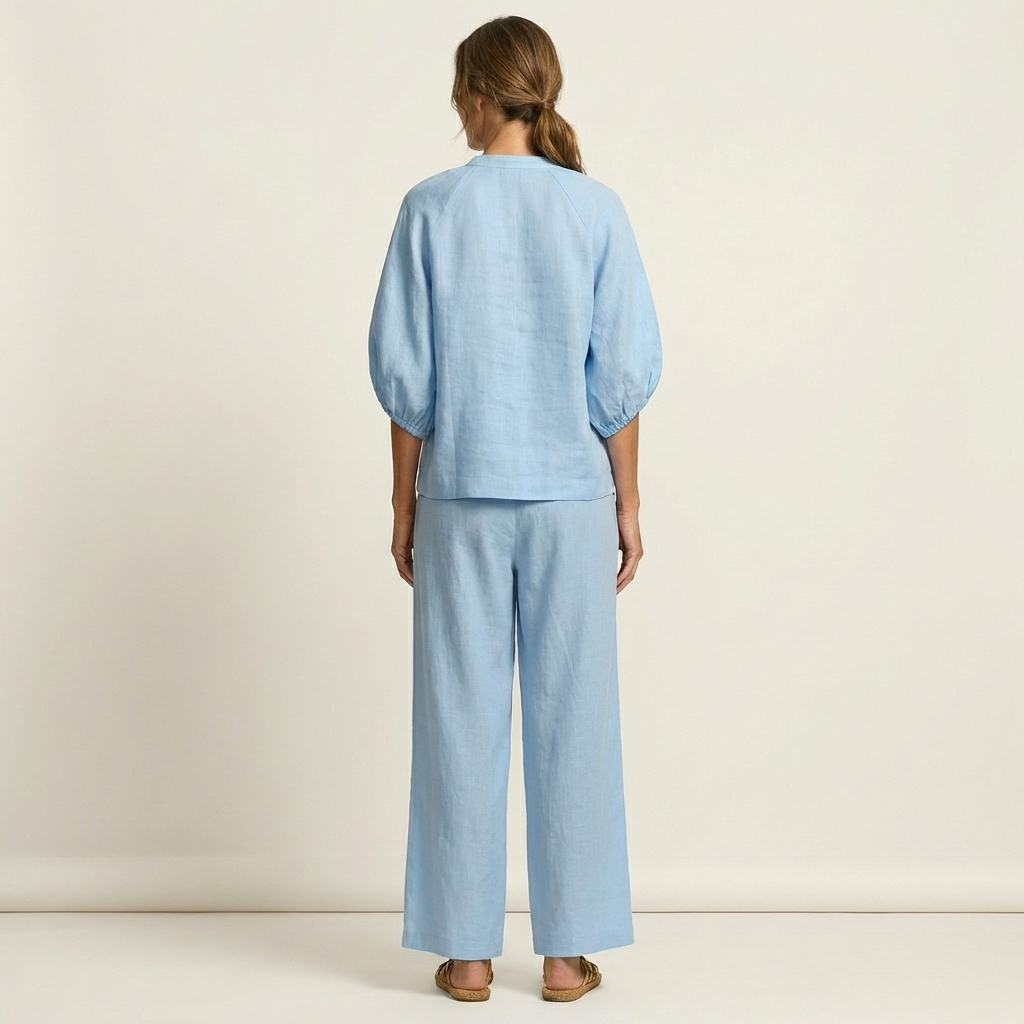 Zip Front Puff Sleeve Top and Wide Leg Pants Two Piece Set 6