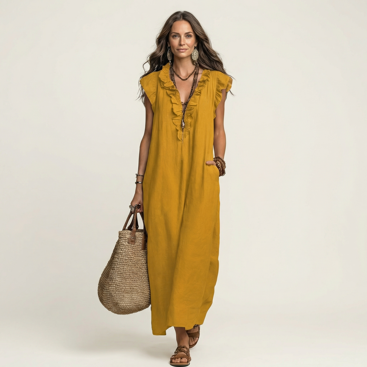 Ruffle V-Neck Sleeveless Linen Maxi Dress 13