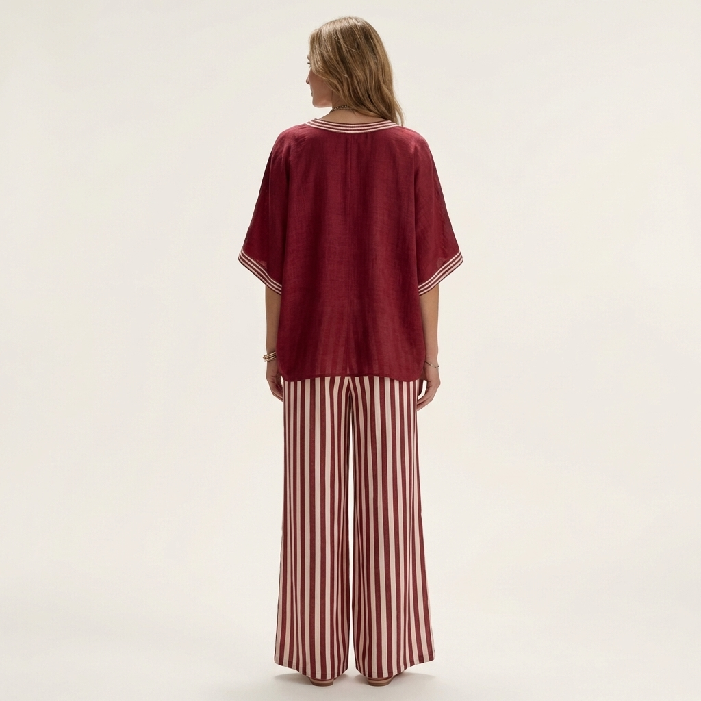 V-Neck Short Sleeve Top and Striped Wide Leg Pants Two Piece Set 10