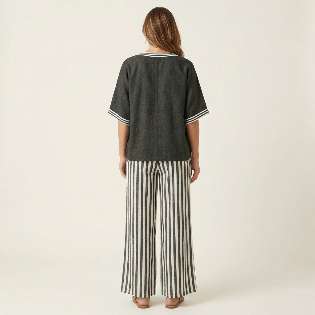 V-Neck Short Sleeve Top and Striped Wide Leg Pants Two Piece Set 8