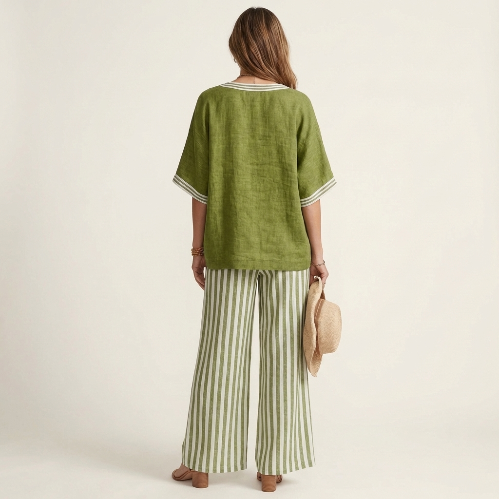 V-Neck Short Sleeve Top and Striped Wide Leg Pants Two Piece Set 4
