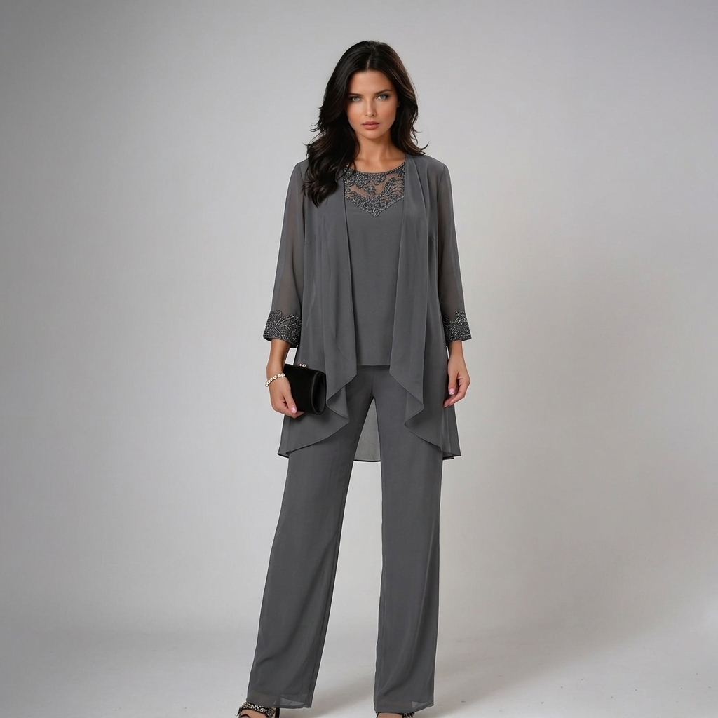 Lace Trim Chiffon Jacket Top and Pants Three Piece Set 4