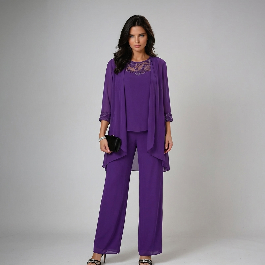 Lace Trim Chiffon Jacket Top and Pants Three Piece Set 6