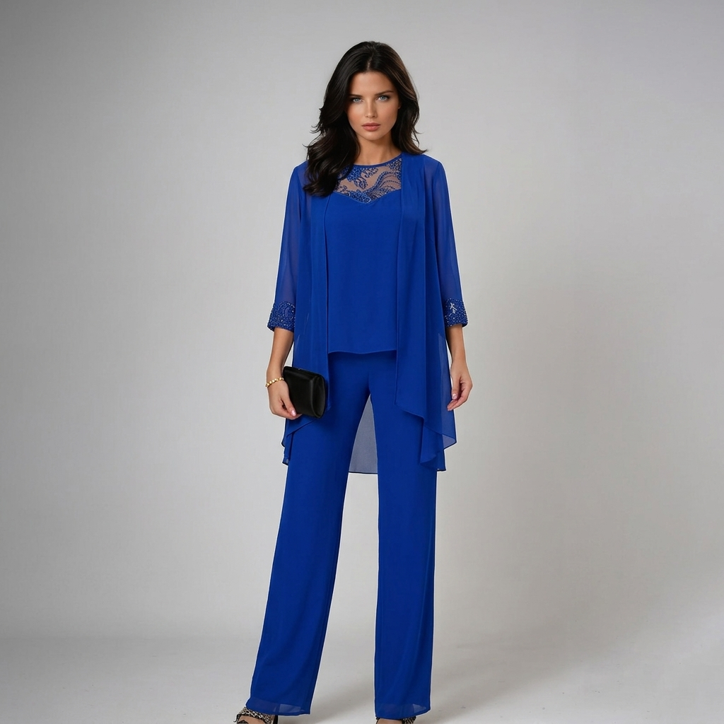 Lace Trim Chiffon Jacket Top and Pants Three Piece Set