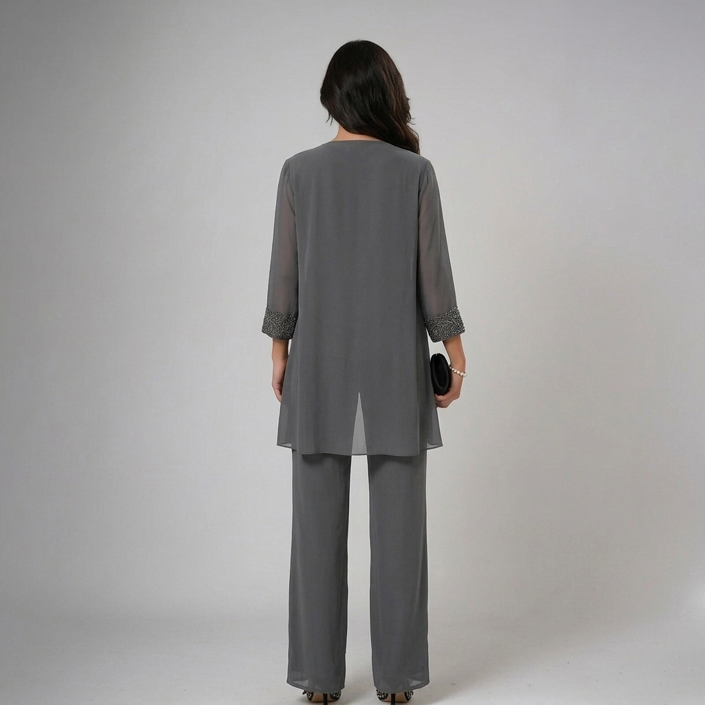 Lace Trim Chiffon Jacket Top and Pants Three Piece Set 5