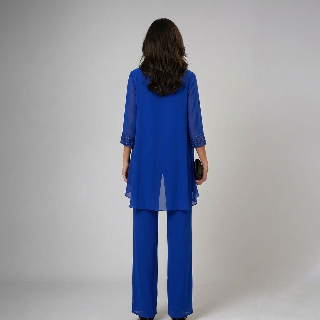 Lace Trim Chiffon Jacket Top and Pants Three Piece Set 3