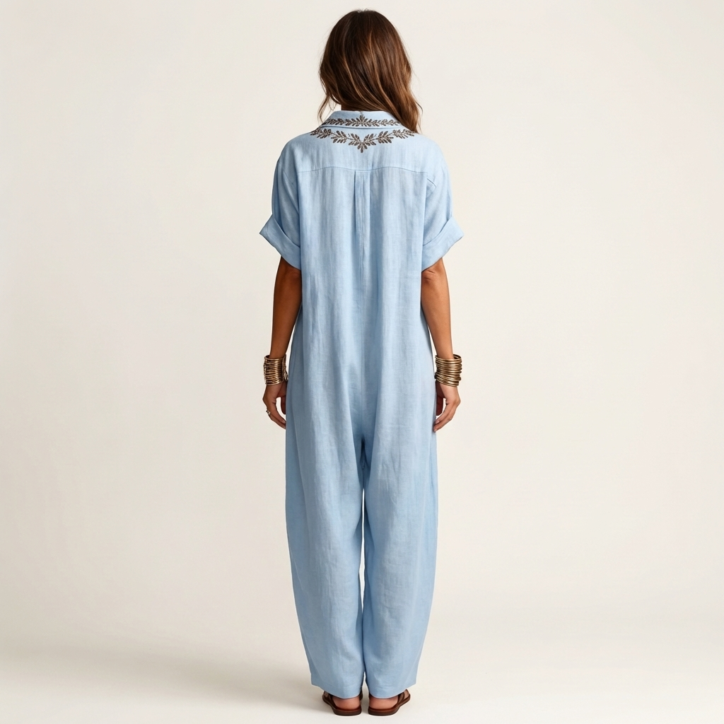 Embroidered V-Neck Collared Short Sleeve Linen Look Maxi Shirt Dress 10