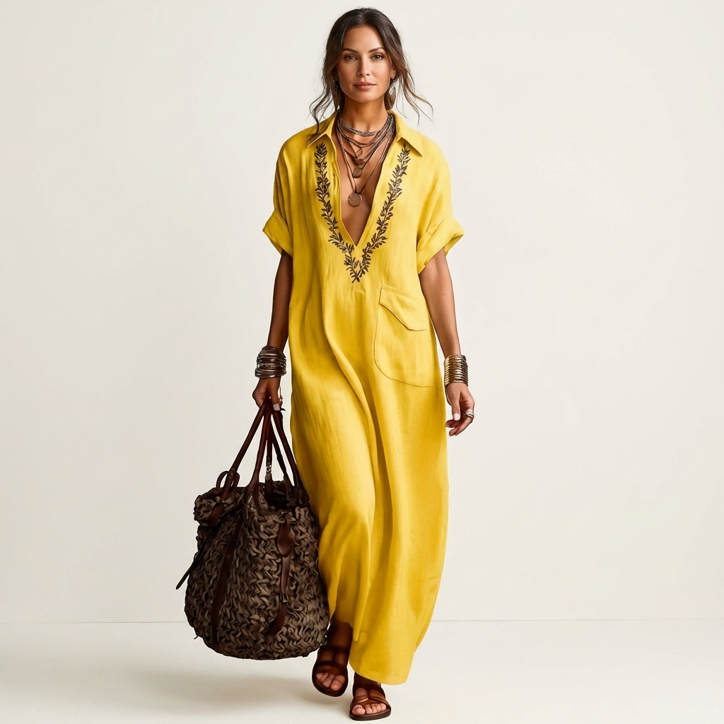 Embroidered V-Neck Collared Short Sleeve Linen Look Maxi Dress 3