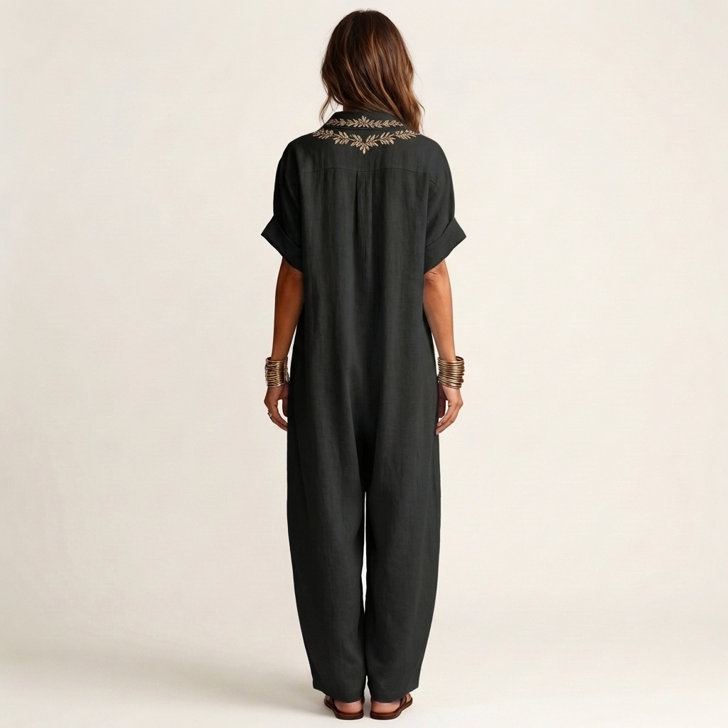 Embroidered V-Neck Collared Short Sleeve Linen Look Maxi Dress 6