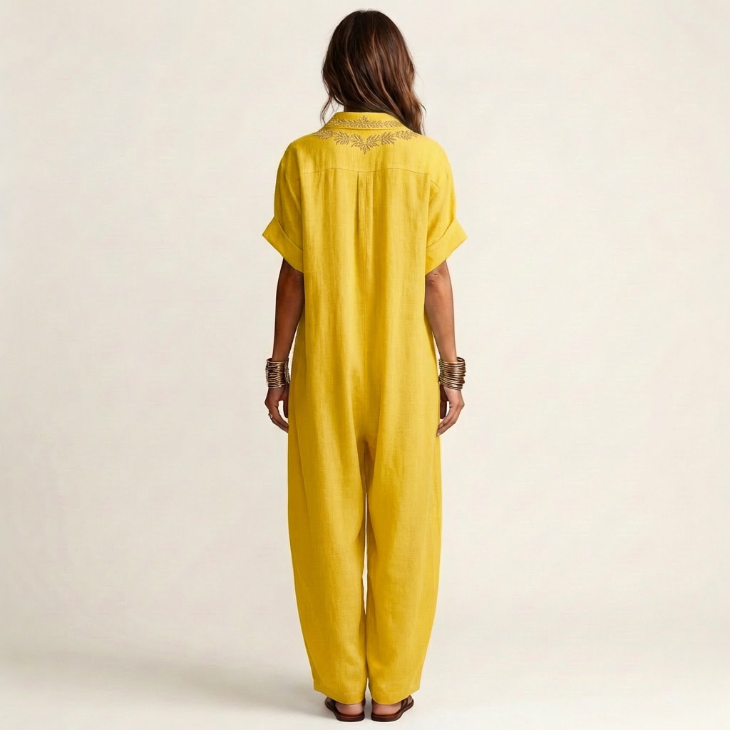 Embroidered V-Neck Collared Short Sleeve Linen Look Maxi Shirt Dress 4
