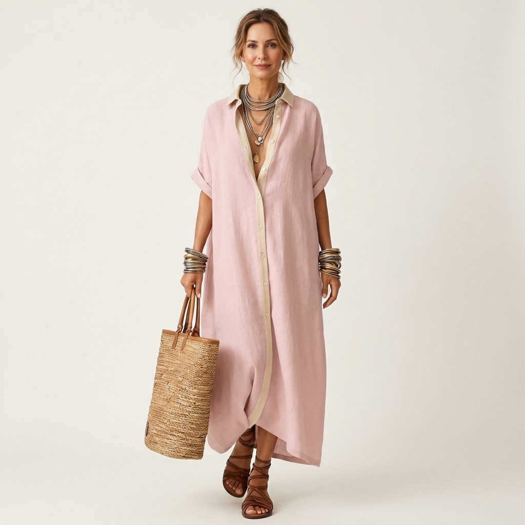 Contrast Placket Button Front Short Sleeve Maxi Shirt Dress 7