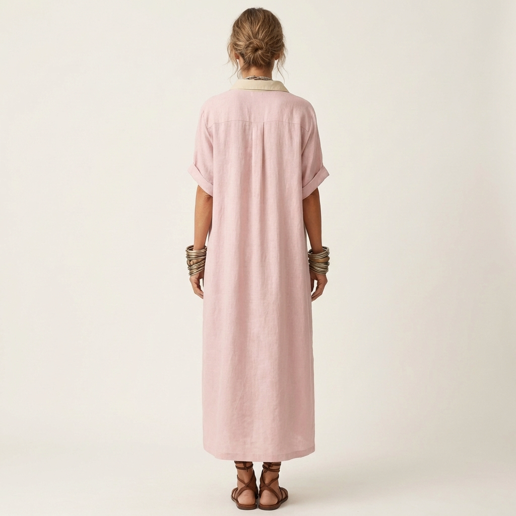 Contrast Placket Button Front Short Sleeve Maxi Shirt Dress 8