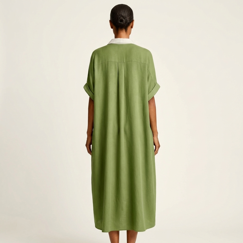 Contrast Placket Button Front Short Sleeve Maxi Shirt Dress 10