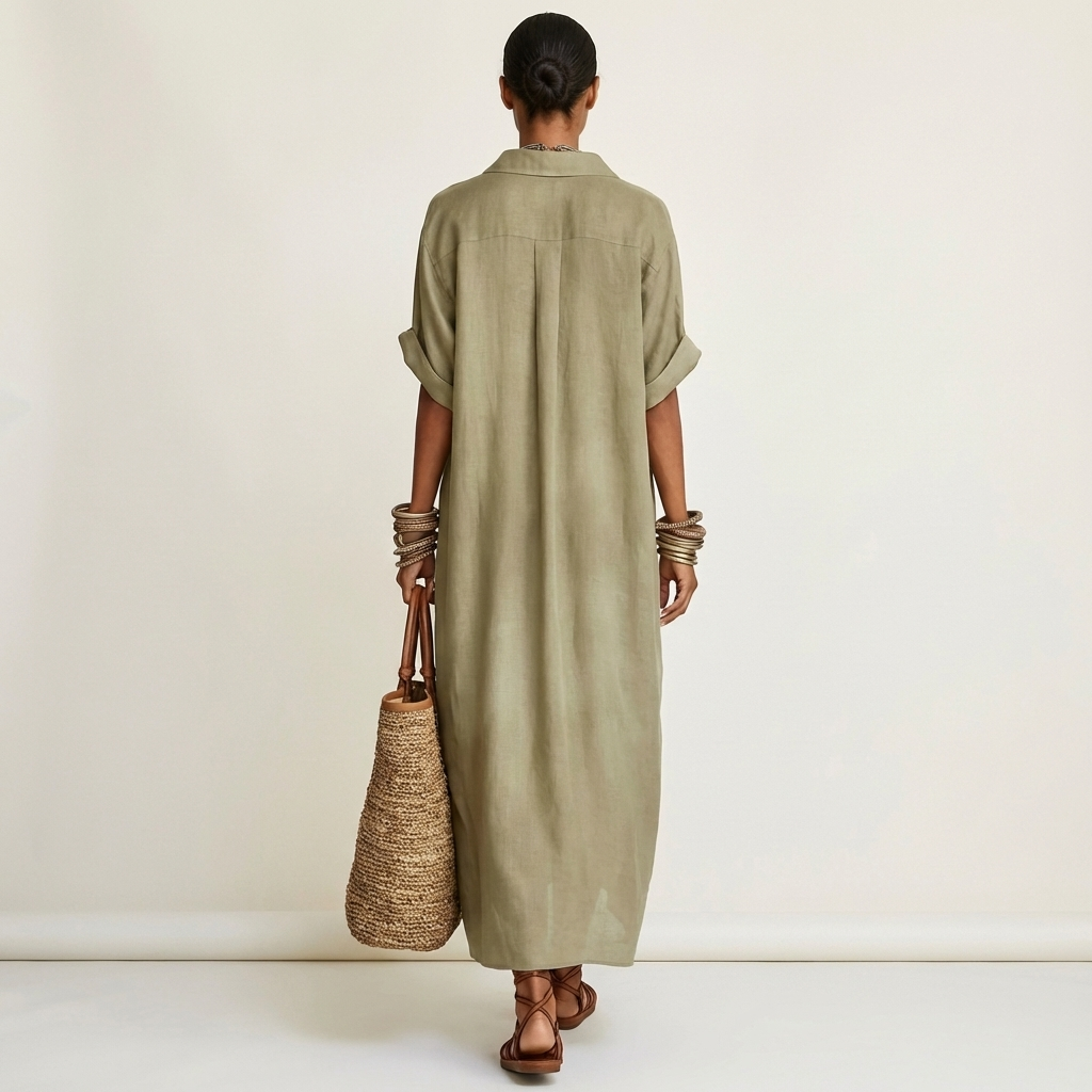 Contrast Placket Button Front Short Sleeve Maxi Shirt Dress 4