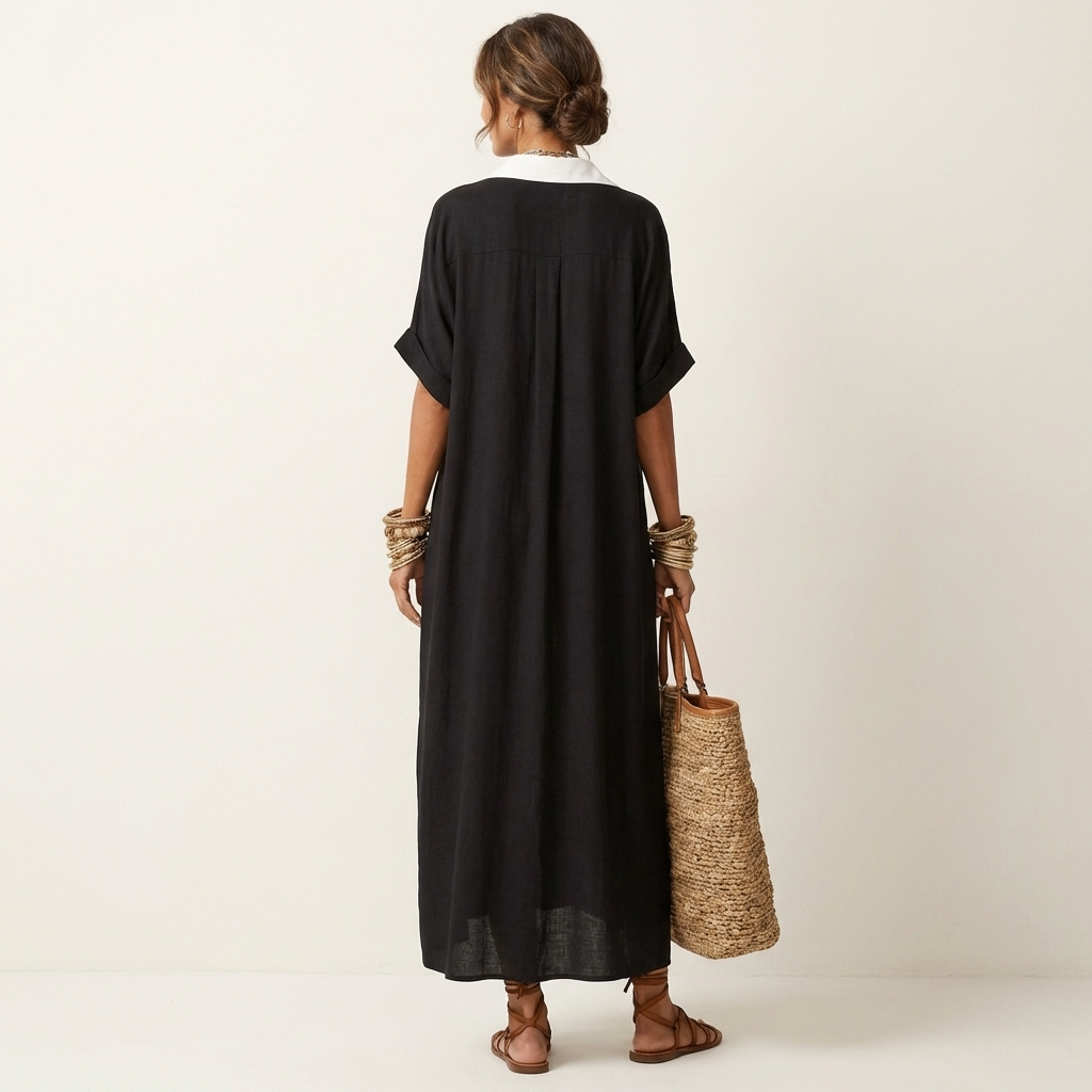 Contrast Placket Button Front Short Sleeve Maxi Shirt Dress 6