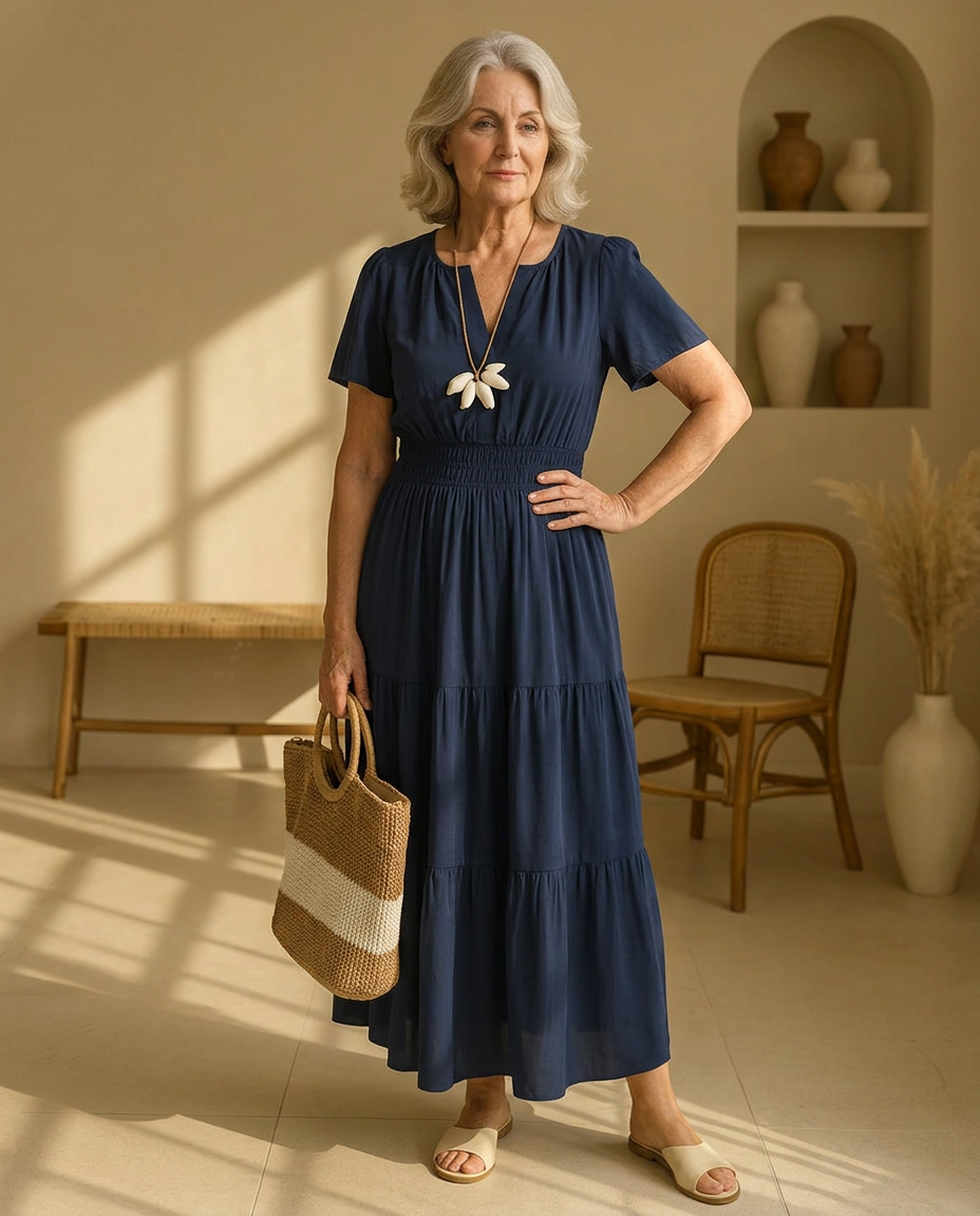 Split Neck Flutter Sleeve Smocked Waist Tiered Maxi Dress