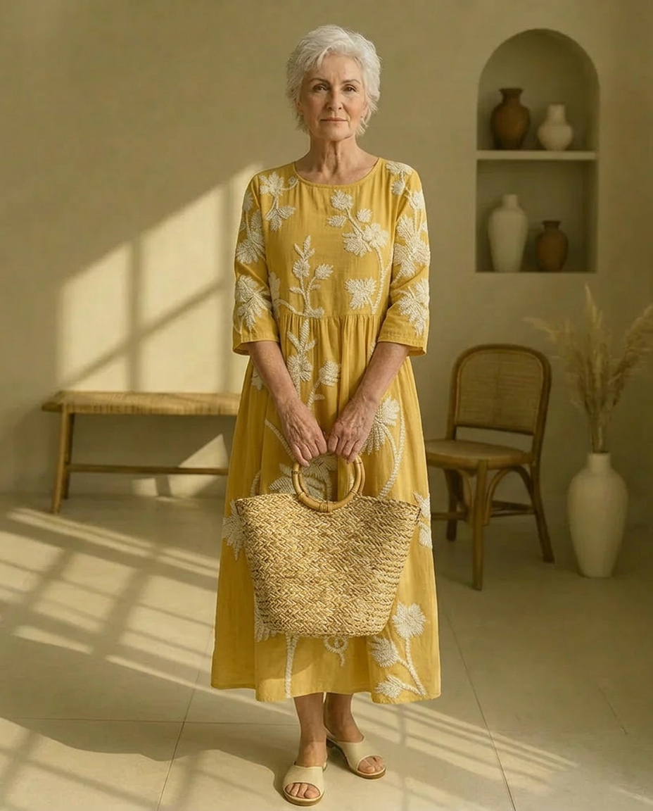 Floral Embroidered Tiered Round Neck Midi Dress