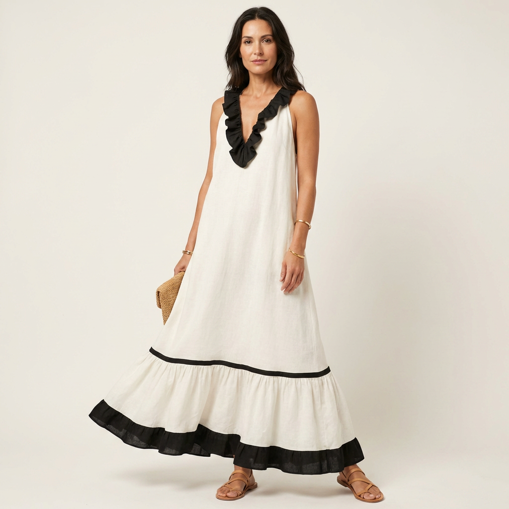 Sleeveless Ruffle V-Neck Contrast Trim Maxi Dress 11