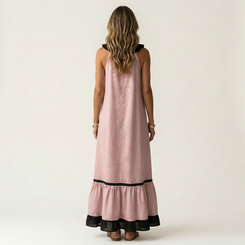 Sleeveless Ruffle V-Neck Contrast Trim Maxi Dress 8