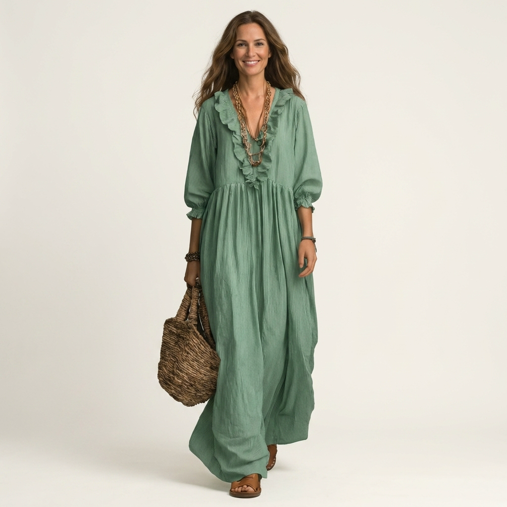 Ruffle Trim V-Neck Three Quarter Sleeve Loose Maxi Dress 9