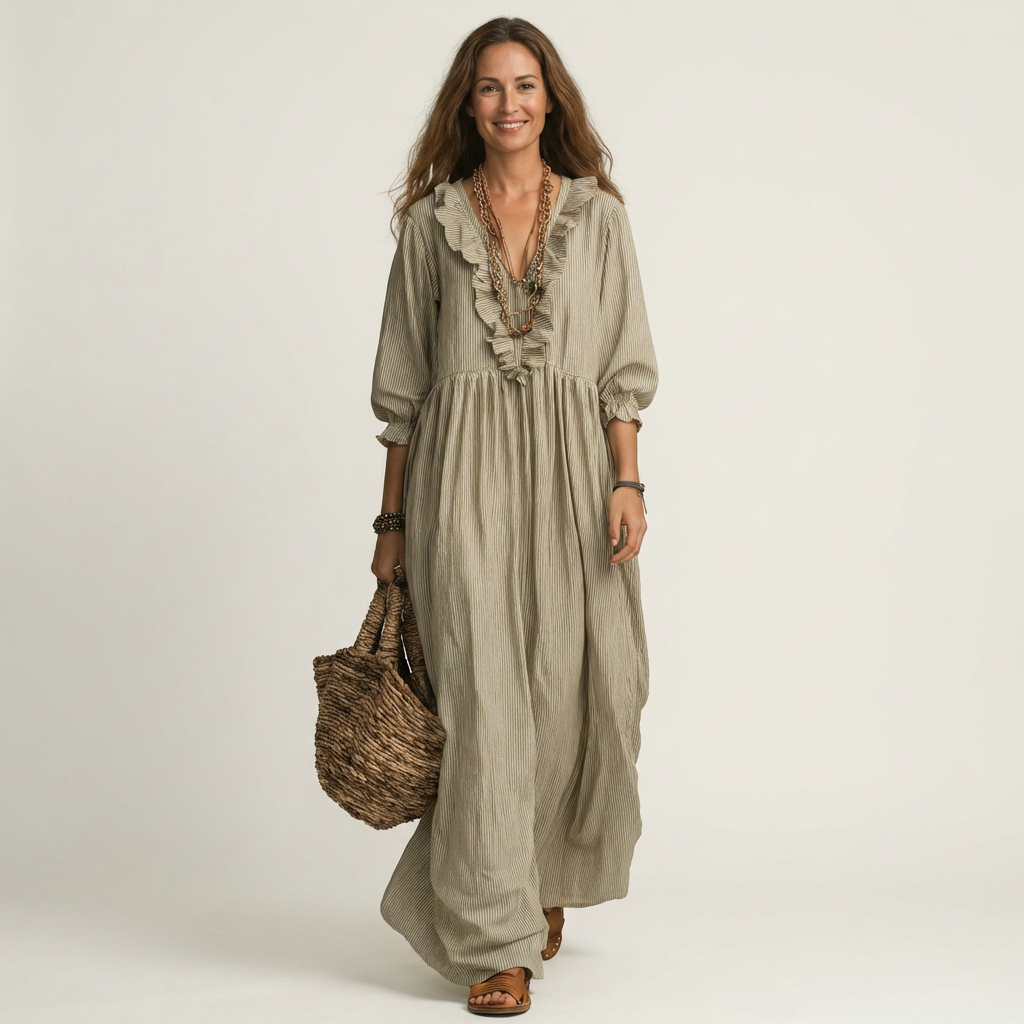 Ruffle Trim V-Neck Three Quarter Sleeve Loose Maxi Dress 5