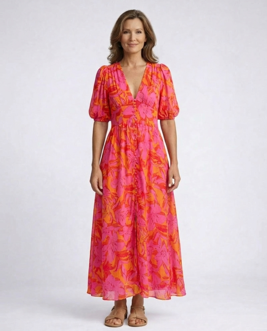 Floral Print V-Neck Puff Sleeve Button Front Maxi Dress