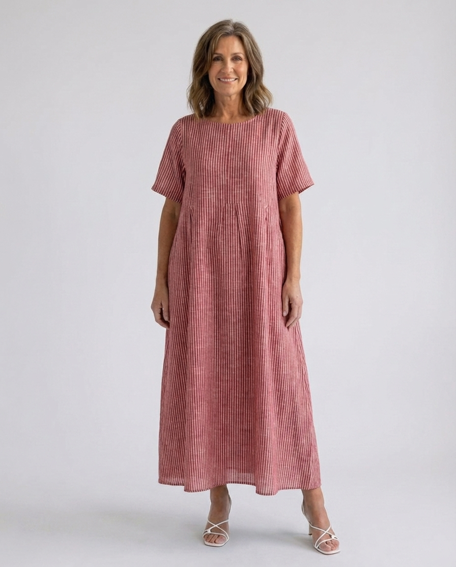 Striped Round Neck Short Sleeve Pleated Maxi Dress