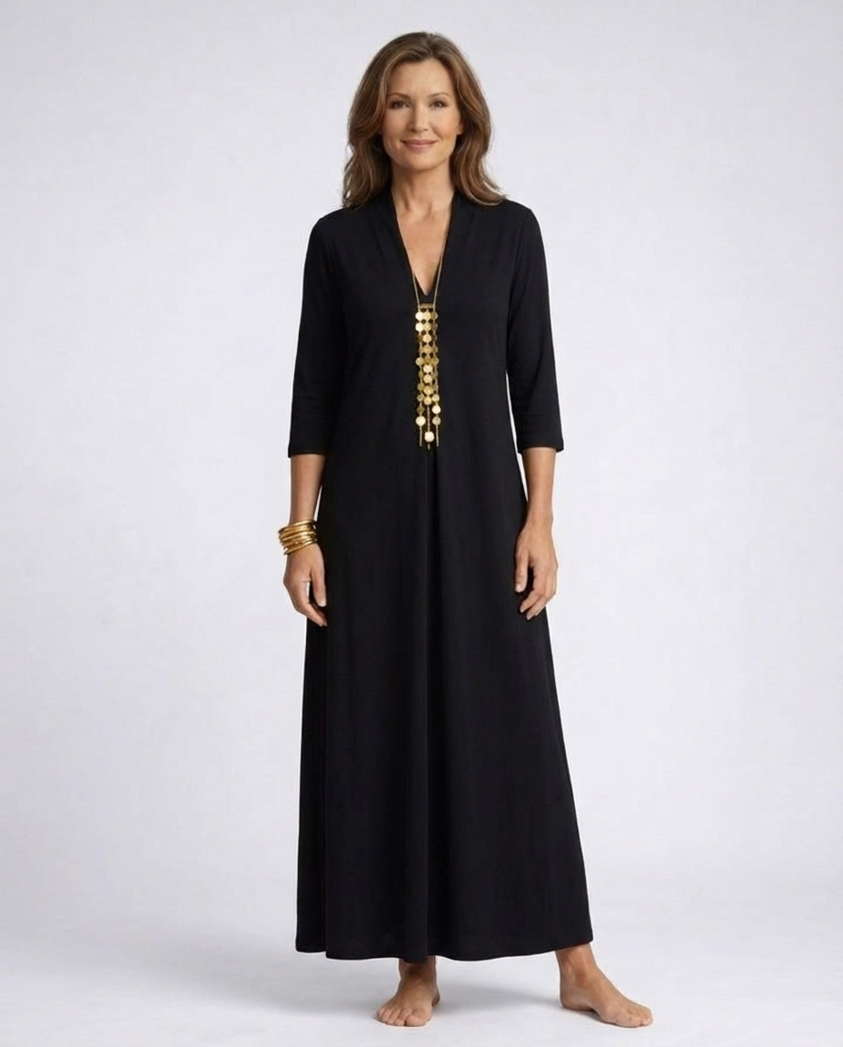 Deep V-Neck Three Quarter Sleeve A-Line Maxi Dress