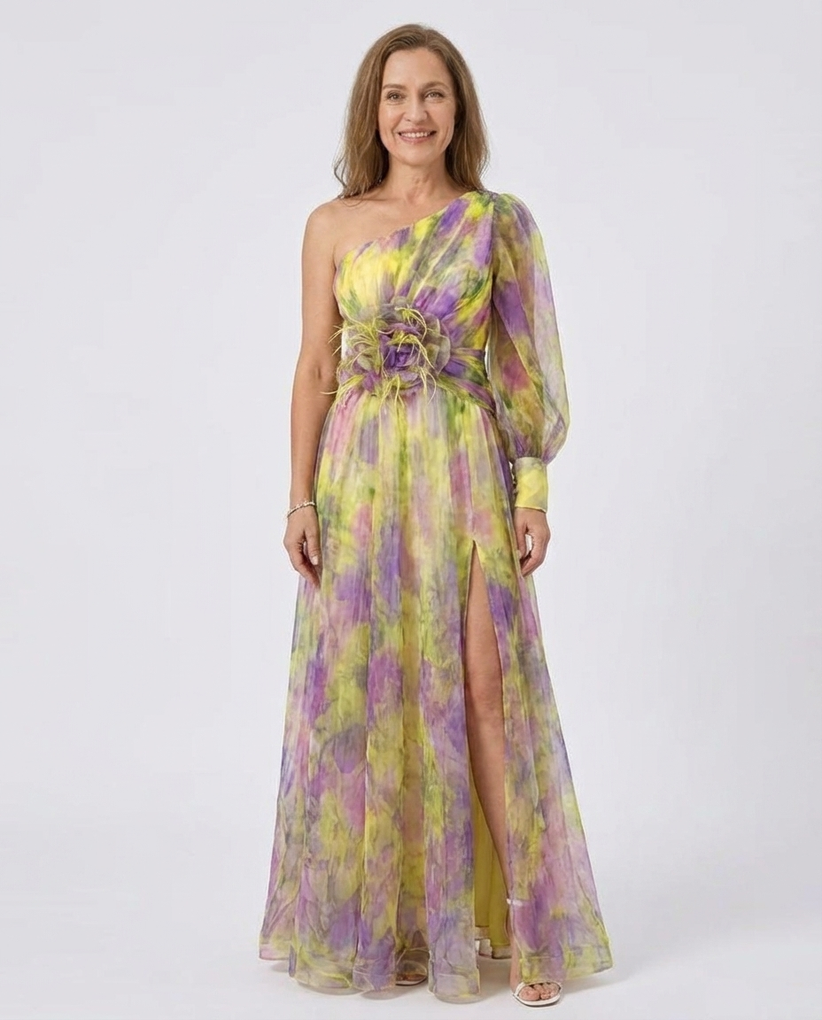 Floral One Shoulder Long Sleeve High Split Maxi Gown