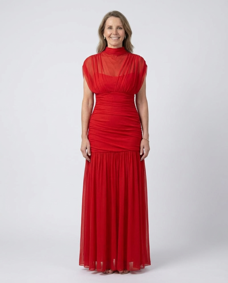 Mock Neck Cap Sleeve Ruched Mesh Maxi Gown