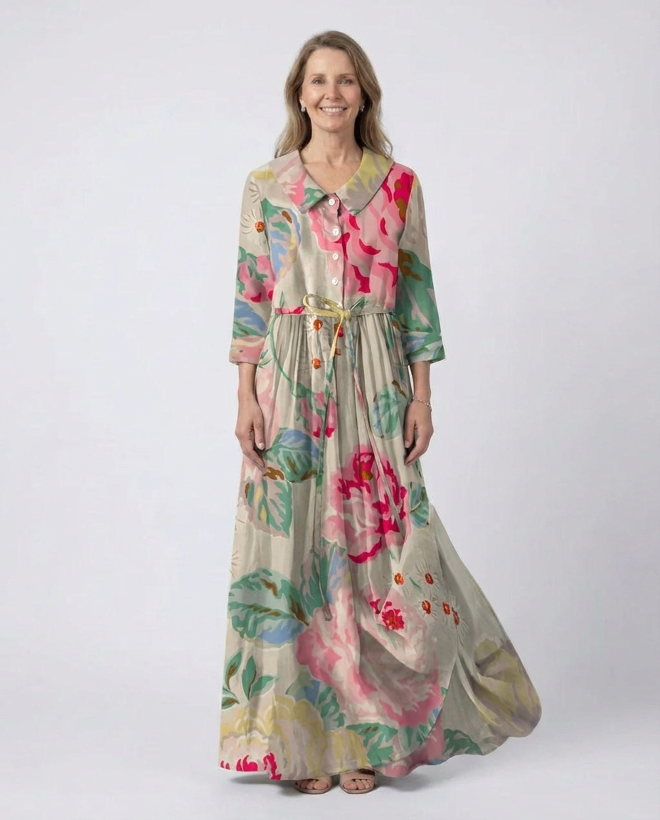 Floral Peter Pan Collar Button Front Belted Maxi Dress