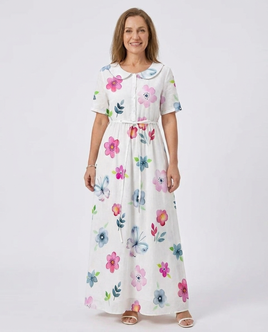 Floral Peter Pan Collar Short Sleeve Button Front Tie Waist Maxi Dress