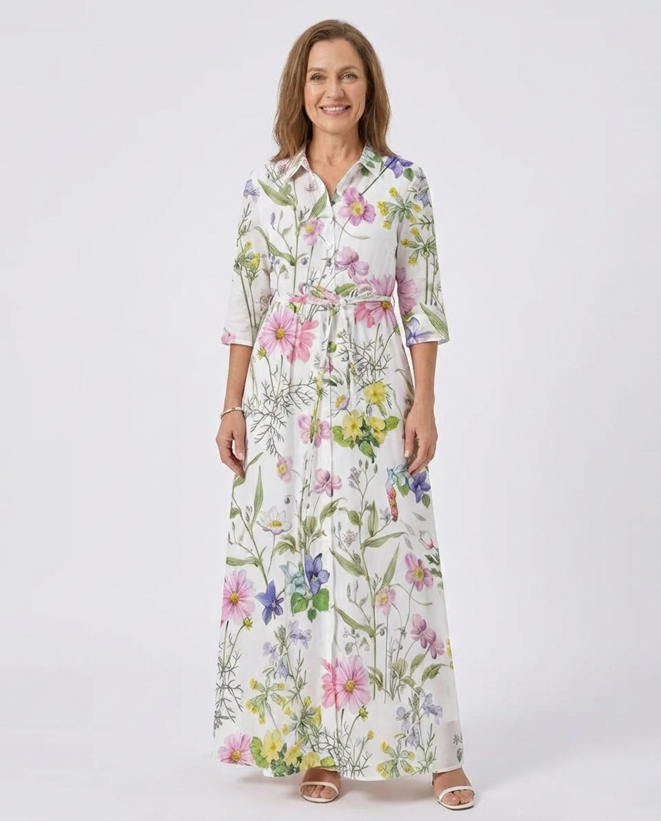 Floral Print Collared Long Sleeve Belted Shirt Maxi Dress