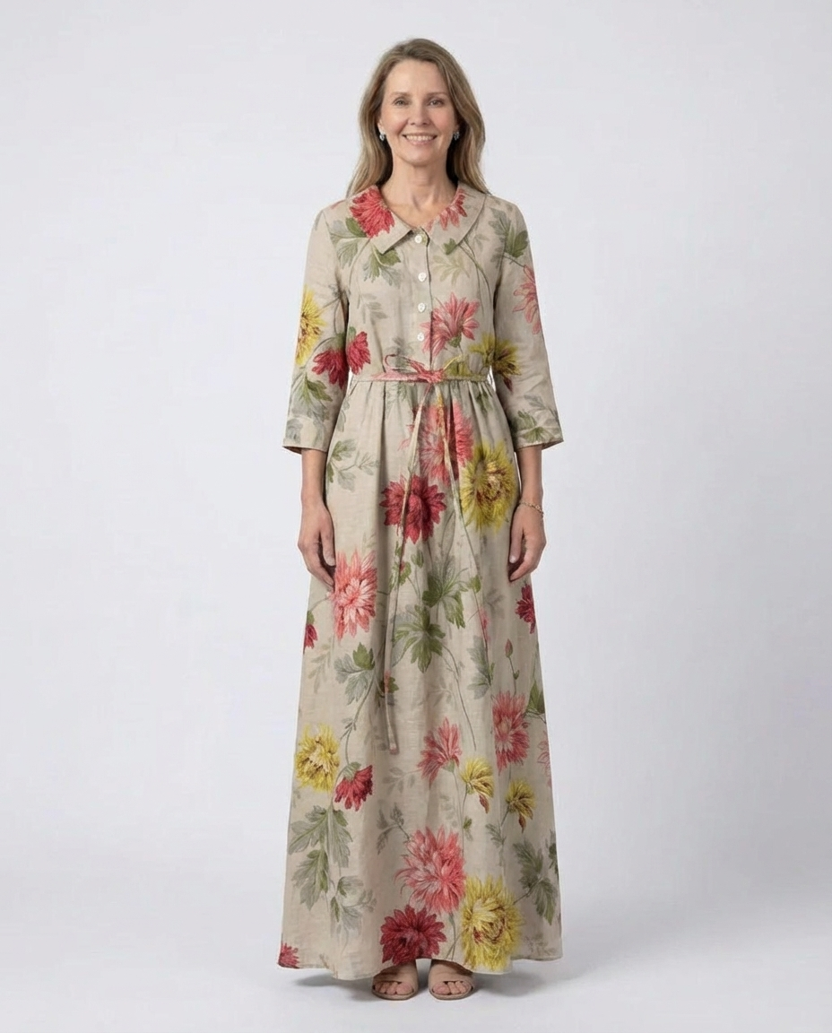 Floral Print Collared Belted Maxi Shirt Dress