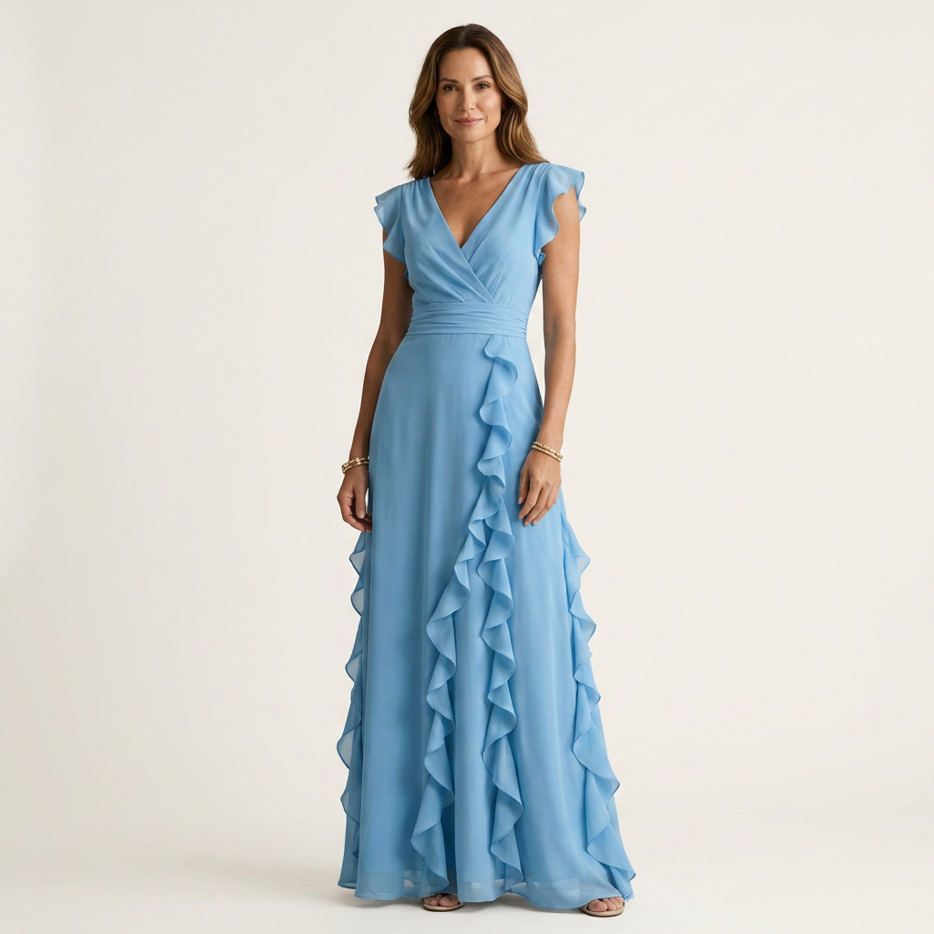 Wrap V-Neck Flutter Sleeve Cascading Ruffle Maxi Dress 7