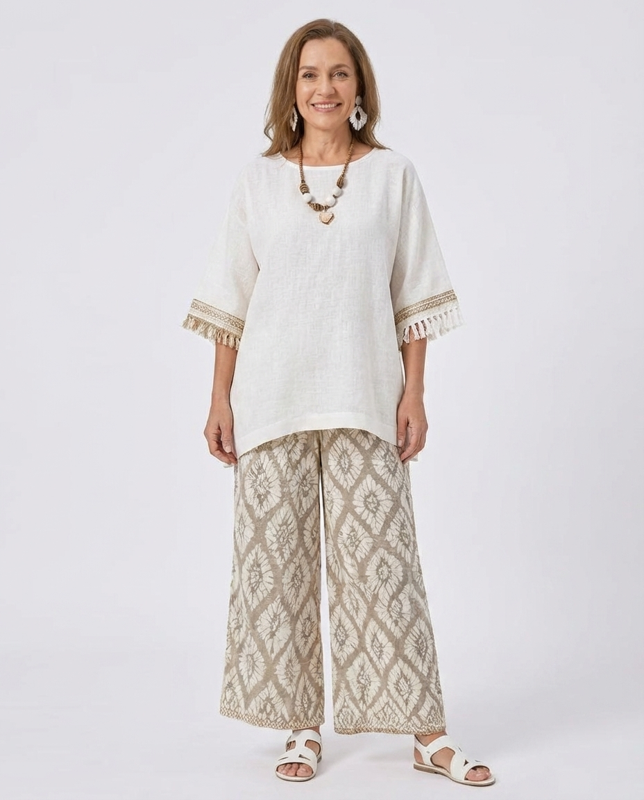 Tassel Trim Sleeve Tunic Top and Printed Wide Leg Pants Two Piece Set