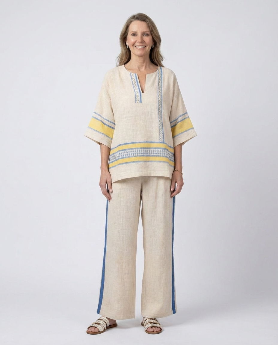 Notch Neck Embroidered Trim Top and Wide Leg Pants Two Piece Set