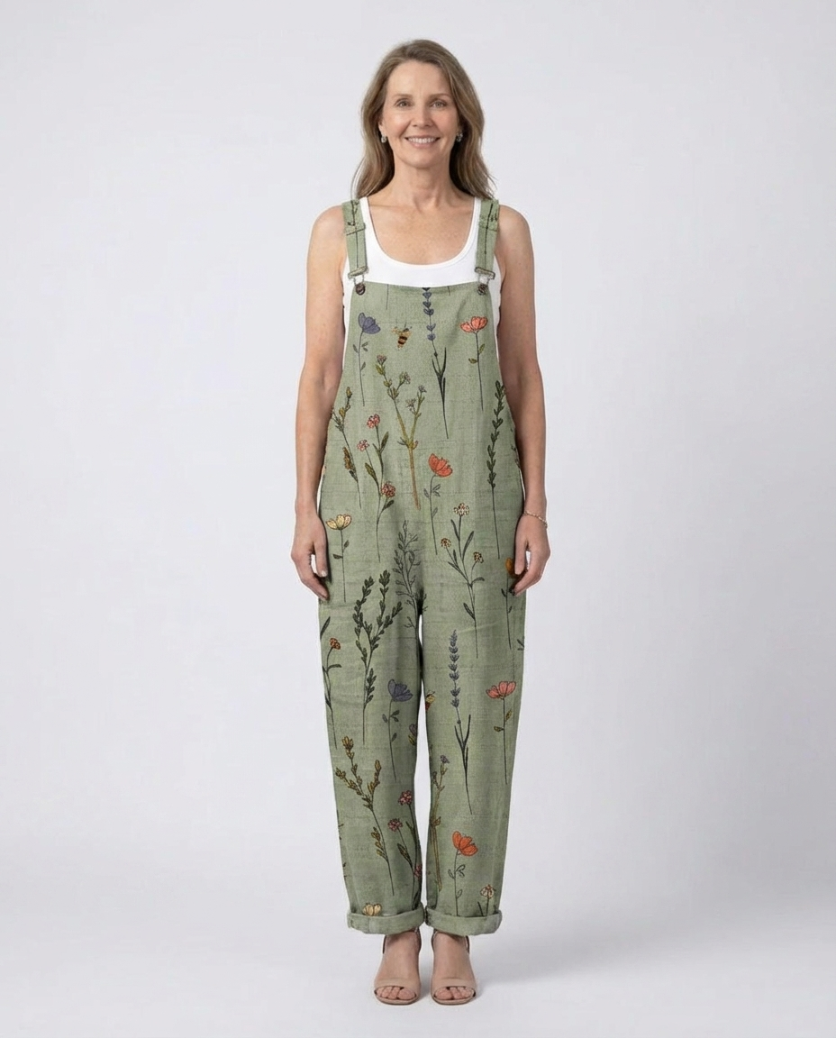Botanical Floral Print Wide Leg Dungaree Overalls