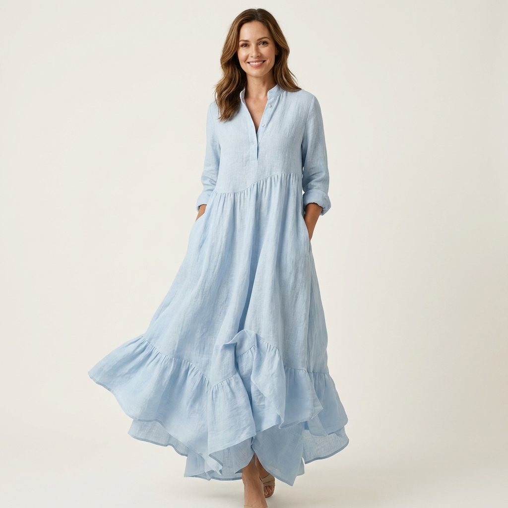 Stand Collar Button Front Long Sleeve Tiered Ruffle Maxi Dress 3