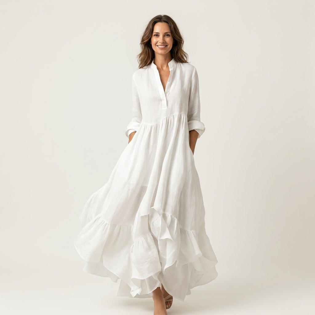 Stand Collar Button Front Long Sleeve Tiered Ruffle Maxi Dress