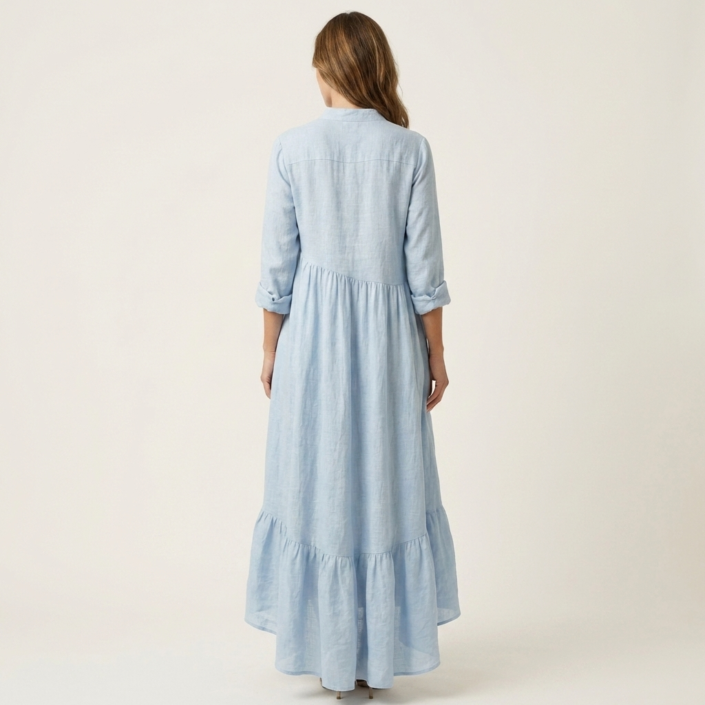 Stand Collar Button Front Long Sleeve Tiered Ruffle Maxi Dress 4