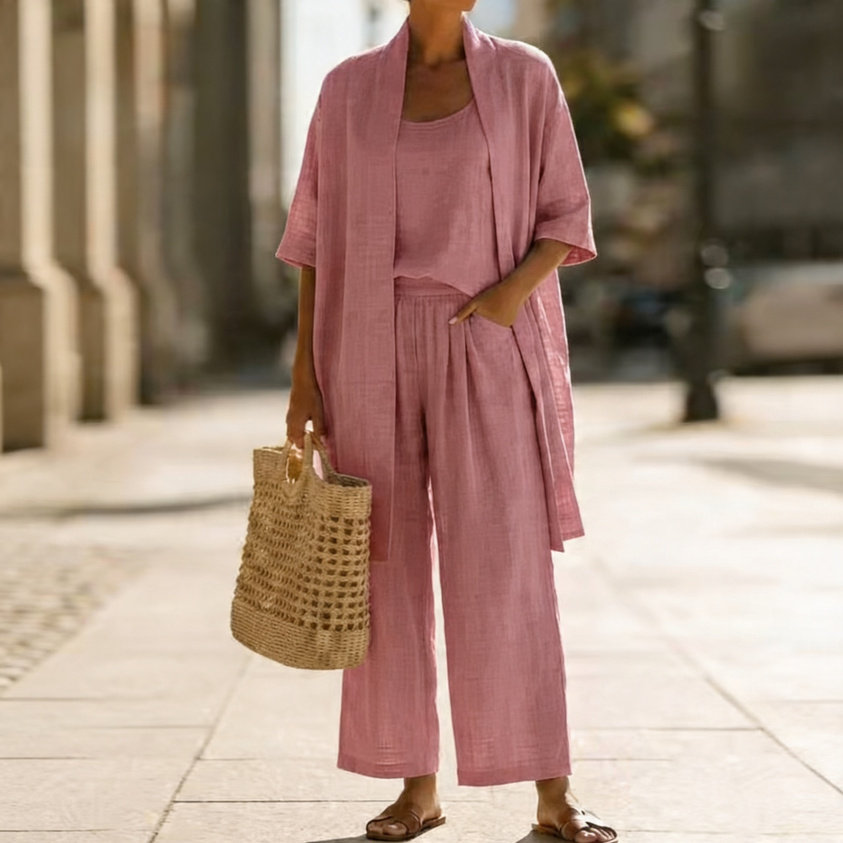 Open Front Cardigan Tank and Wide Leg Pants Three Piece Set 6