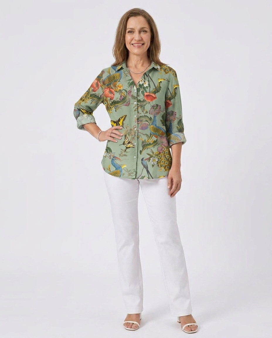Floral Bird Print Collared Button Up Shirt