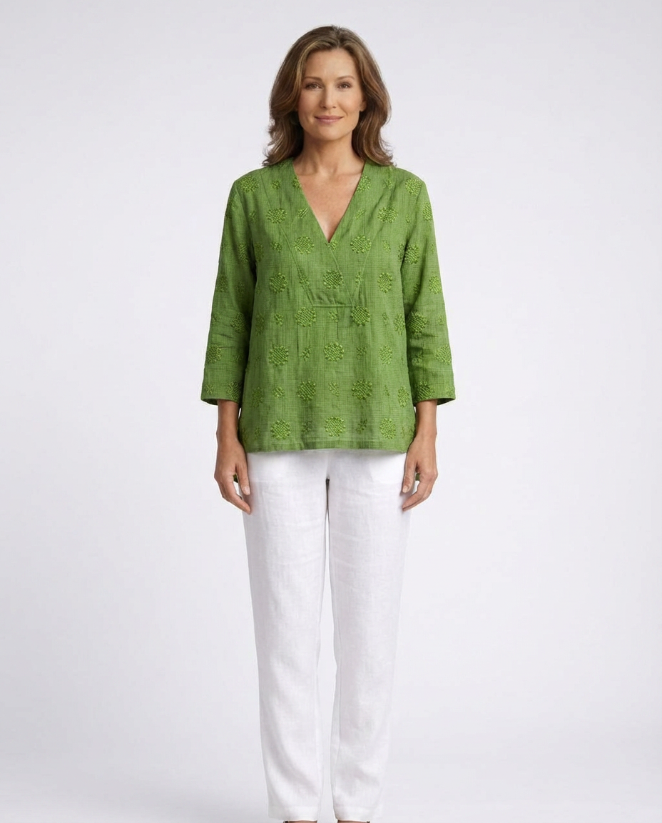 V-Neck Quarter Sleeve Eyelet Embroidered Tunic Top