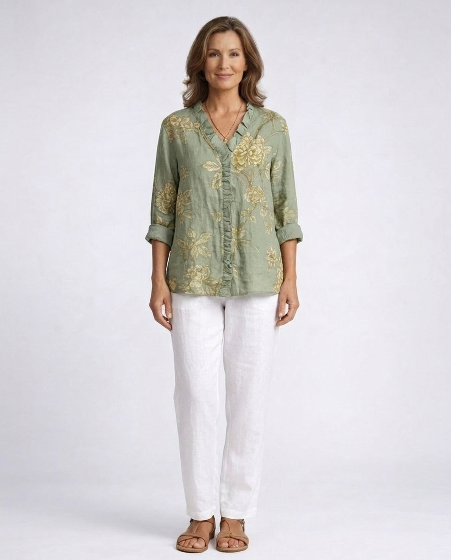 Floral Print V-Neck Long Sleeve Ruffle Blouse