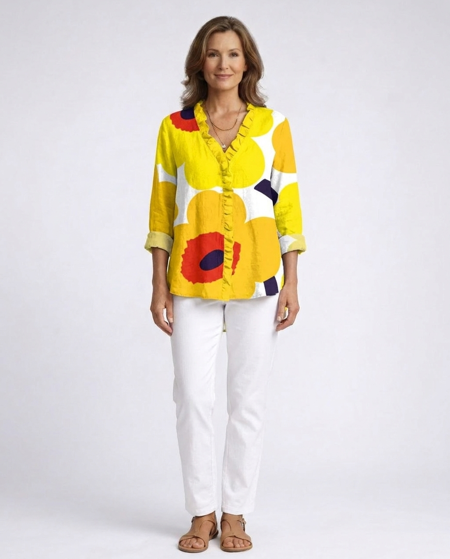 Floral Print Ruffle Placket Band Collar Blouse