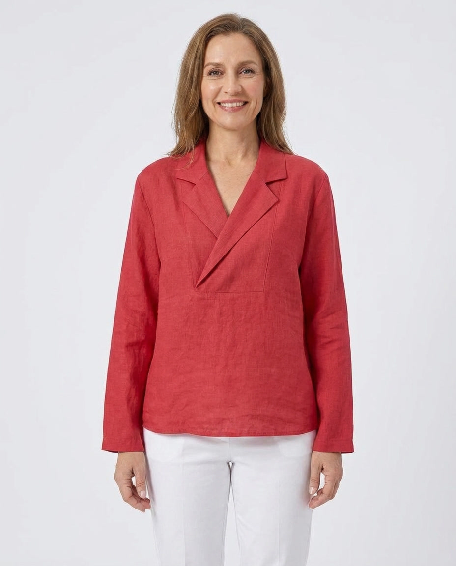 Notch Lapel V-Neck Long Sleeve Linen Look Blouse